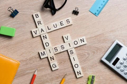 Conceptual business keywords on table with elements of game making crossword Stock Photos