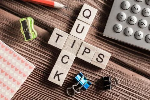 Conceptual business keywords on table with elements of game making crossword Stock Photos