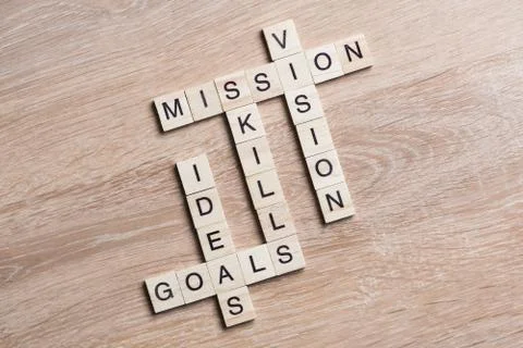 Conceptual business keywords on table with elements of game making crossword Stock Photos