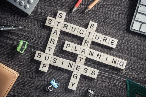 Conceptual business keywords on table with elements of game maki Stock Photos