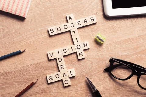 Conceptual business keywords on table with elements of game maki Stock Photos