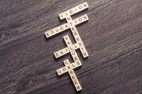 Conceptual business keywords on table with elements of game making crossword 写真素材