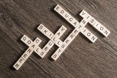 Conceptual business keywords on table with elements of game making crossword Fotos de archivo