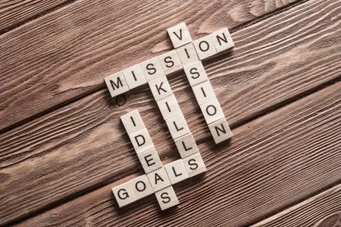 Conceptual business keywords on table with elements of game making crossword Stock Photos
