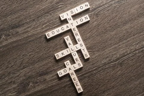 Conceptual business keywords on table with elements of game making crossword Stockfoto's