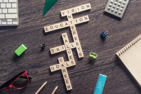 Conceptual business keywords on table with elements of game maki Stock Photos