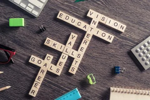 Conceptual business keywords on table with elements of game maki Fotos de archivo