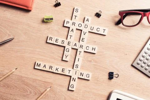 Conceptual business keywords on table with elements of game maki Stock Photos