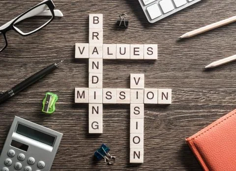 Conceptual business keywords on table with elements of game making crossword Foto stock