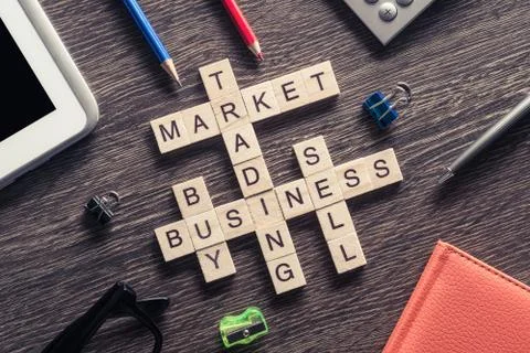 Conceptual business keywords on table with elements of game maki Stockfoto's