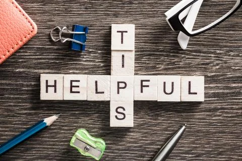 Conceptual business keywords on table with elements of game making crossword Stockfoto's