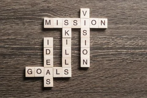 Conceptual business keywords on table with elements of game making crossword Stock Photos