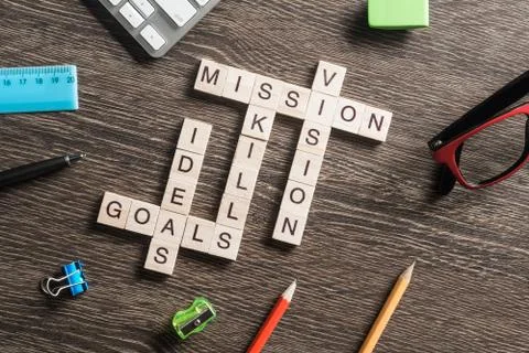 Conceptual business keywords on table with elements of game making crossword Stockfoto's