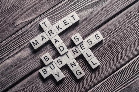 Conceptual business keywords on table with elements of game maki Stock Photos