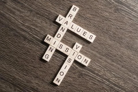 Conceptual business keywords on table with elements of game making crossword Stock Photos