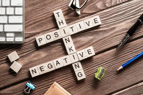 Conceptual business keywords on table with elements of game making crossword Stock Photos