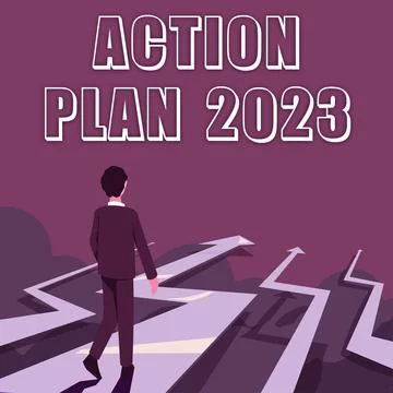 Conceptual caption Action Plan 2023. Business overview to do list contain number Stock Illustration