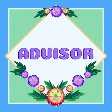 Conceptual caption Advisor. Word for Give advice recommendation assistance Stock Illustration