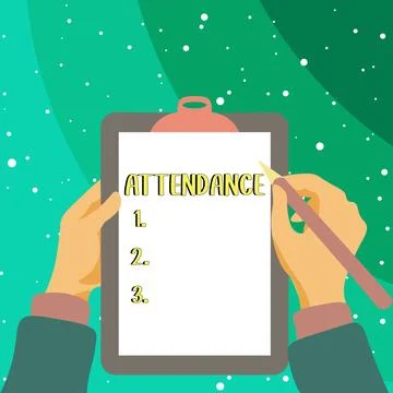 Conceptual caption Attendance. Concept meaning Going regularly Being present at Stock Illustration