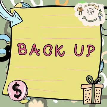 Conceptual caption Back Up. Business overview saving important data into Stock Illustration