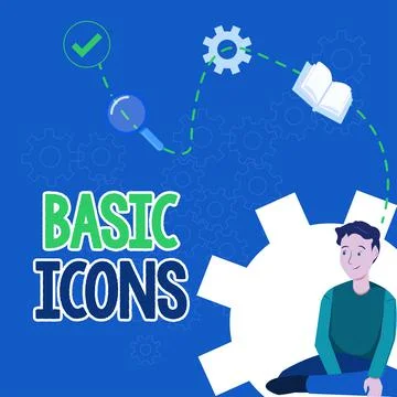 Conceptual caption Basic Icons. Concept meaning pictogram or ideogram displayed Stock Illustration