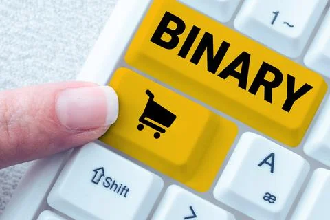 Conceptual caption Binary. Business approach relating to using or denoting 库存照片