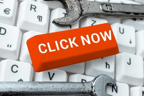 Conceptual caption Click Now. Concept meaning pressing the button signifies Stock Photos