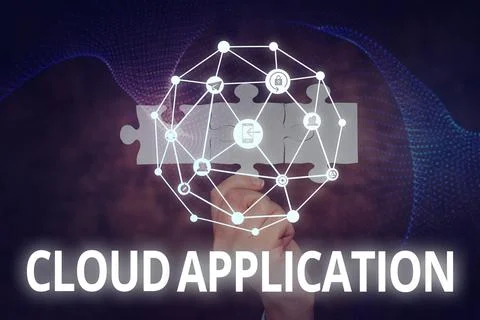 Conceptual caption Cloud Application. Word Written on the software program where Fotos de archivo