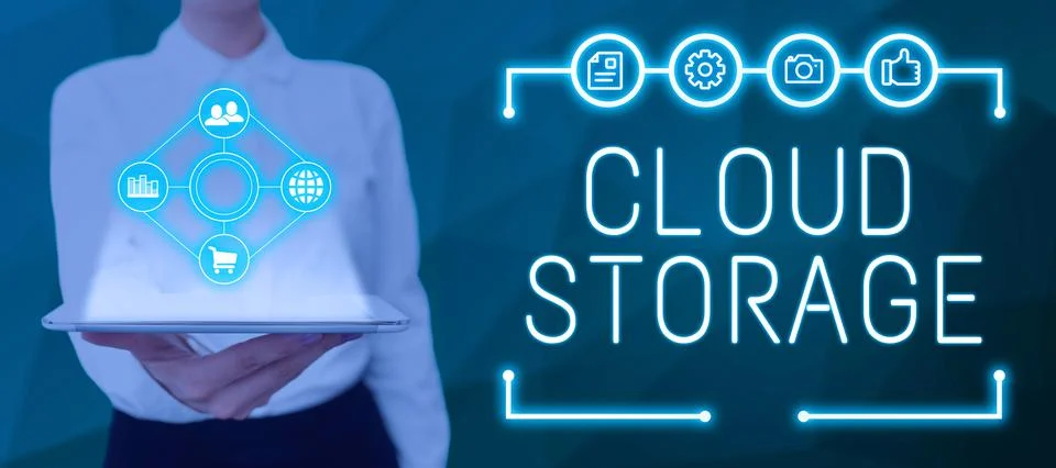 Conceptual caption Cloud Storage. Internet Concept computing connect devices to Stock Photos