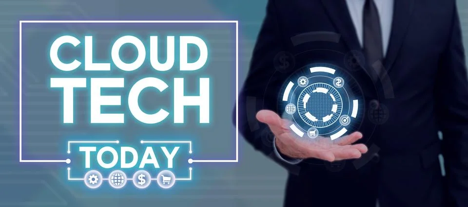 Conceptual caption Cloud Tech. Business concept storing and accessing data and Foto stock