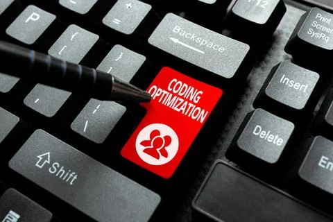 Conceptual caption Coding Optimization. Word for method of code modification to Stock Photos