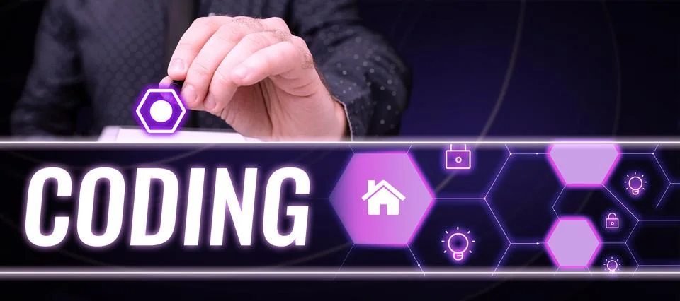 Conceptual caption Coding. Word for assigning code to something for Stockfoto's