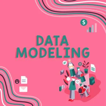 Conceptual caption Data Modeling. Business showcase process of transferring data Stock Illustration