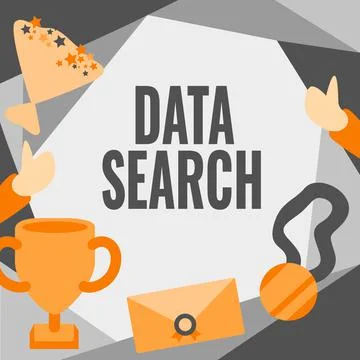 Conceptual caption Data Search. Business overview gathers and reports Stock Illustration