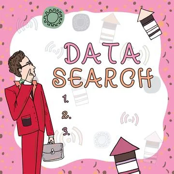 Conceptual caption Data Search. Business approach gathers and reports Stock Illustration