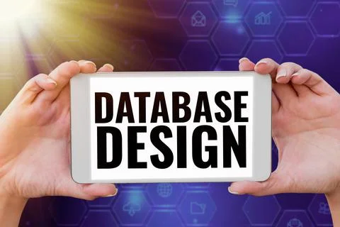 Conceptual caption Database Design. Business idea organisation of data according Stock Photos