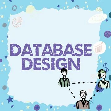 Conceptual caption Database Design. Word for organisation of data according to a Stock Illustration
