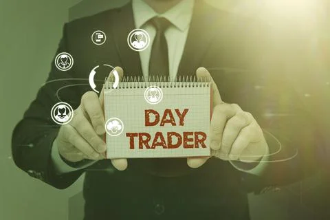Conceptual caption Day Trader. Word for A person that buy and sell financial Stock Photos