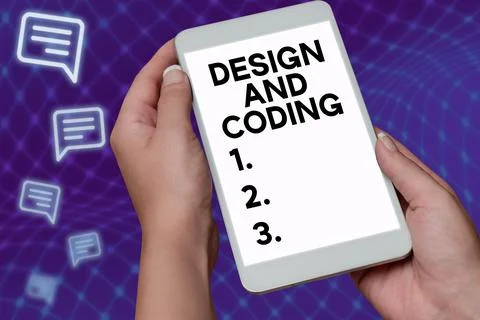 Conceptual caption Design And Coding. Concept meaning HTML and programming Stock Photos