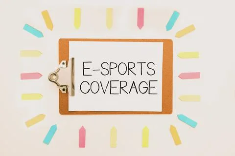 Conceptual caption E Sports Coverage. Business showcase Reporting live on latest Stock Illustration
