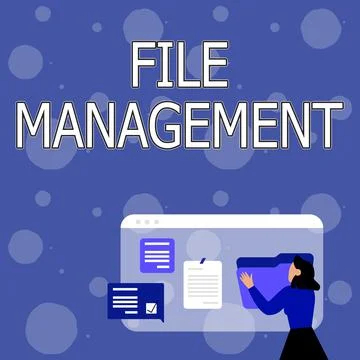 Conceptual caption File Management. Word for computer program that provides user Stock Illustration