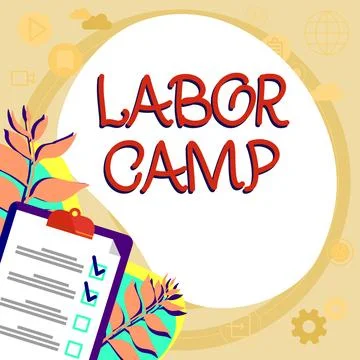 Conceptual caption Labor Camp. Word Written on a penal colony where forced labor Stock Illustration