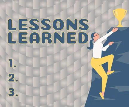 Conceptual caption Lessons Learned. Word for the knowledge or understanding Stock Illustration