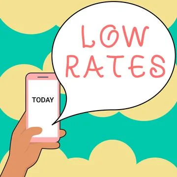 Conceptual caption Low Rates. Word for A cost of an item or service which is Stock Illustration