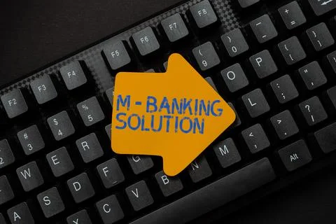 Conceptual caption M banking Solution. Business overview conduct financial Stock Photos