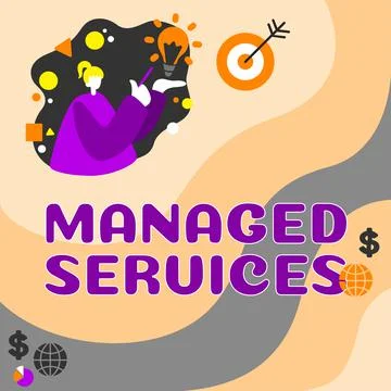 Conceptual caption Managed Services. Word for estimated amount of cost required Illustrazione stock