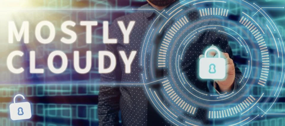 Conceptual caption Mostly Cloudy. Internet Concept Shadowy Vaporous Foggy Fluffy Foto stock