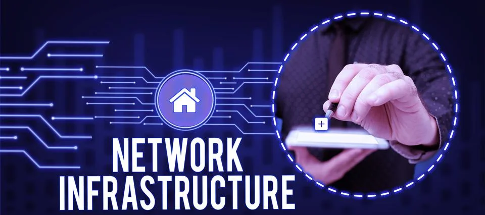 Conceptual caption Network Infrastructure. Word for Hardware and Software Stock Photos