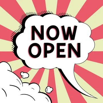 Conceptual caption Now Open. Word Written on leave door or windows not closed or Ilustración de archivo