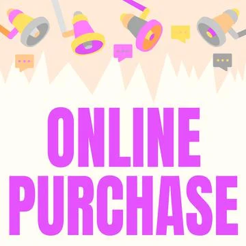 Conceptual caption Online Purchase. Word for consumers directly buy goods from a Stock Illustration